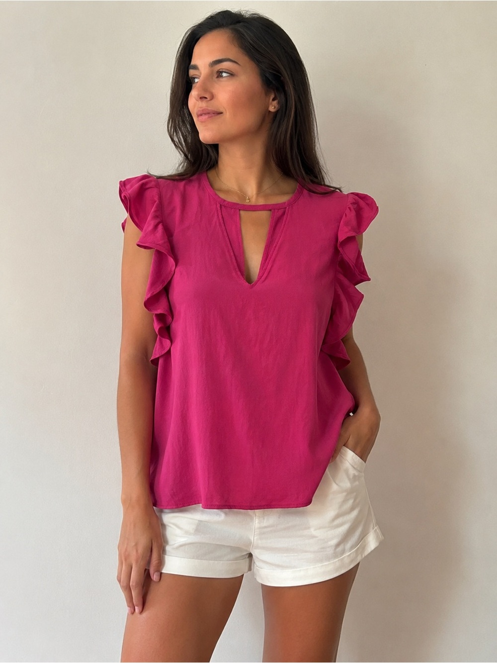 Bershka Fuchsia Ruffle Sleeve Keyhole Blouse